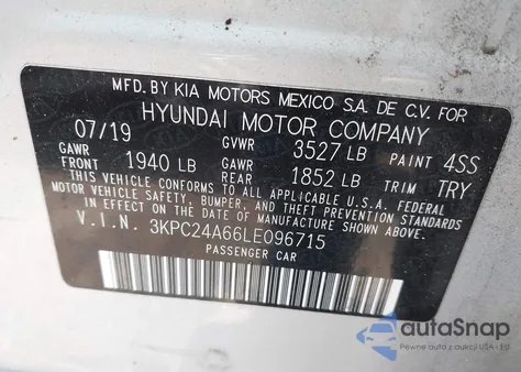 2020 Hyundai Accent Se z USA, uszkodzony, nr VIN 3KPC24A66LE096715
